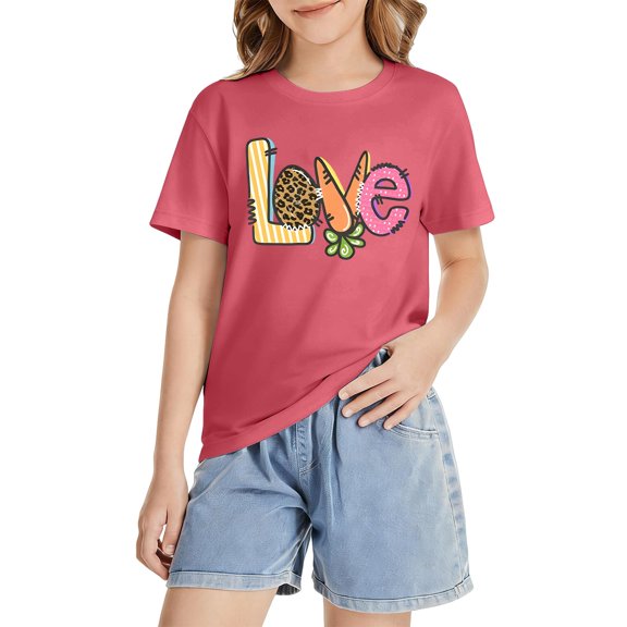 YunPes Girls T Shirts Loose Fit Short Sleeve Kids Summer Tops Soft Casual Crewneck Basic Tees Cute Birthday Outfits Easter Shirt
