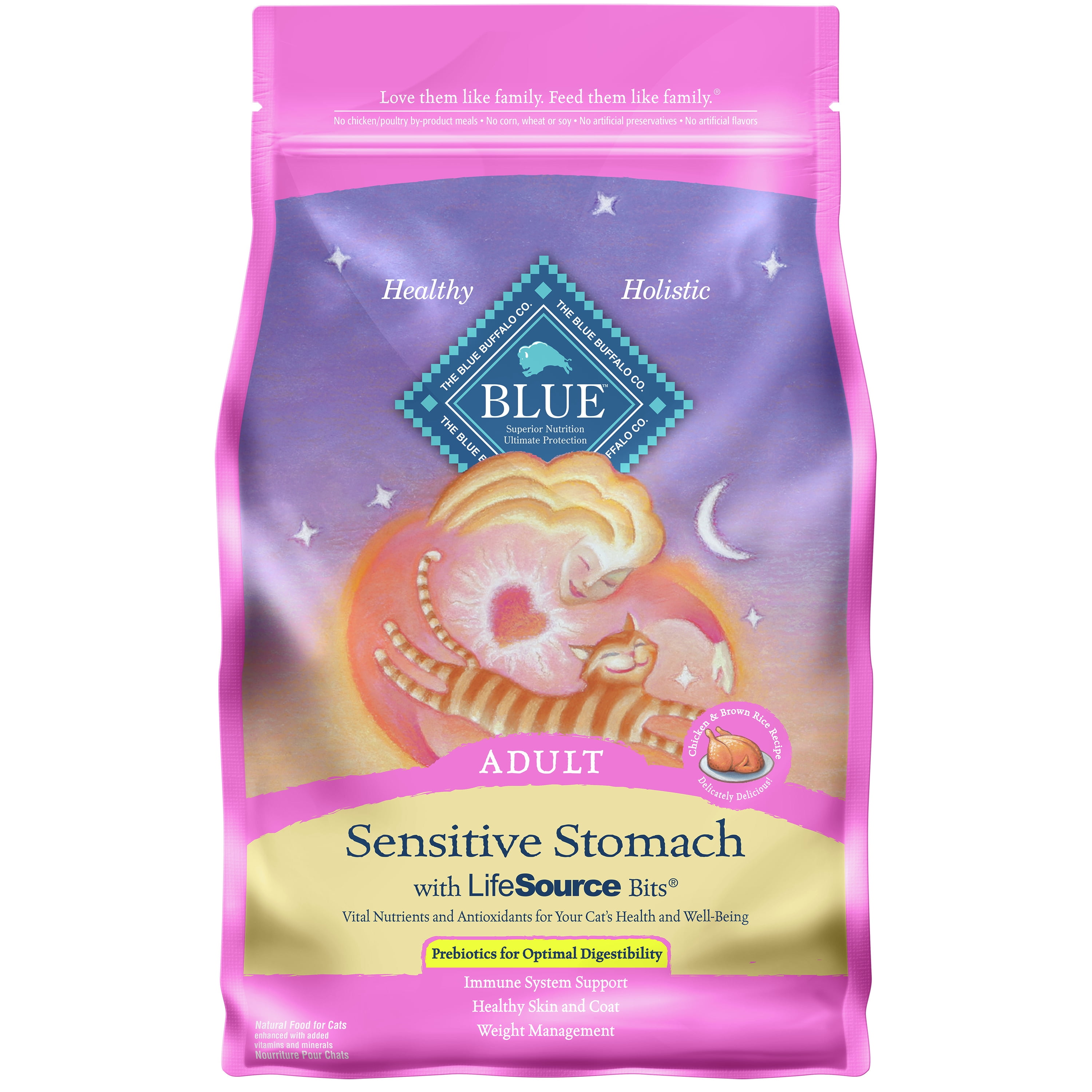 Blue Buffalo Sensitive Stomach Chicken and Brown Rice Dry Cat Food for Adult Cats, Whole Grain, 5 lb. Bag