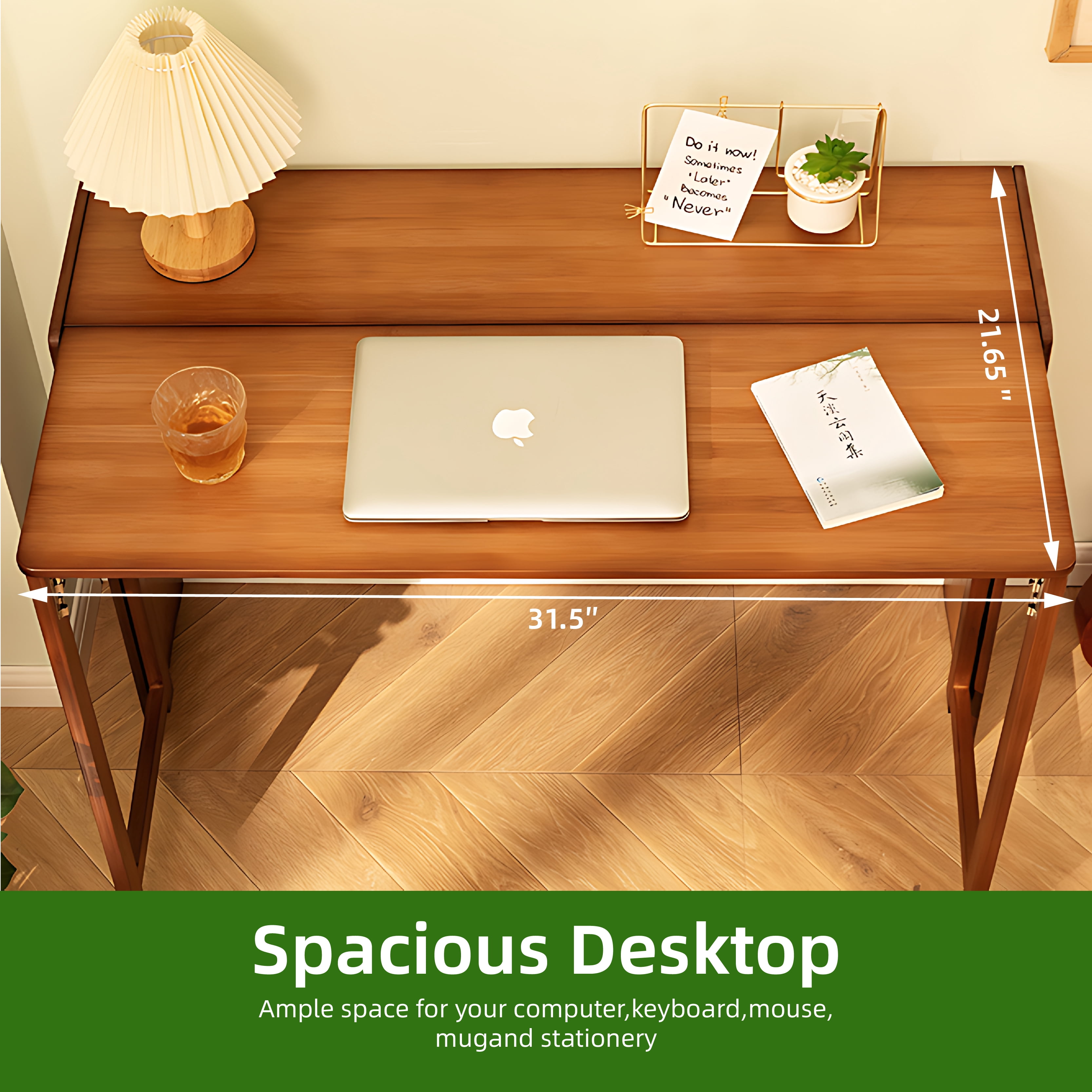 Bamboo Folding Desk, Space-Saving Foldable Computer Study Table with Storage Shelves for Bedroom Home Office Dorm Apartment