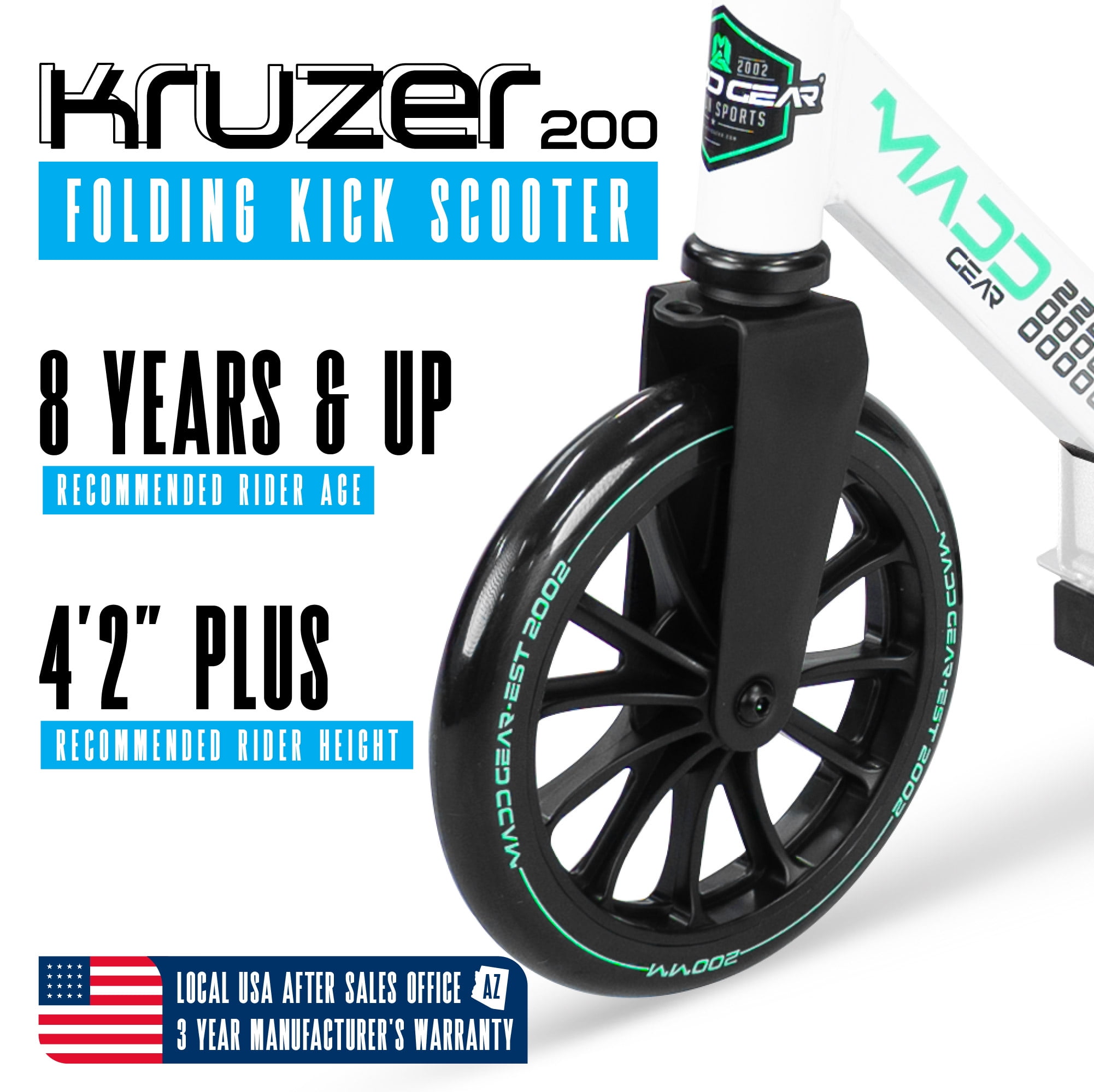 Large Folding Kick Scooter for Adults and Teens – Adjustable Handlebar – Big 200mm Wheels – Lightweight Durable Frame – Madd Gear Kruzer 200