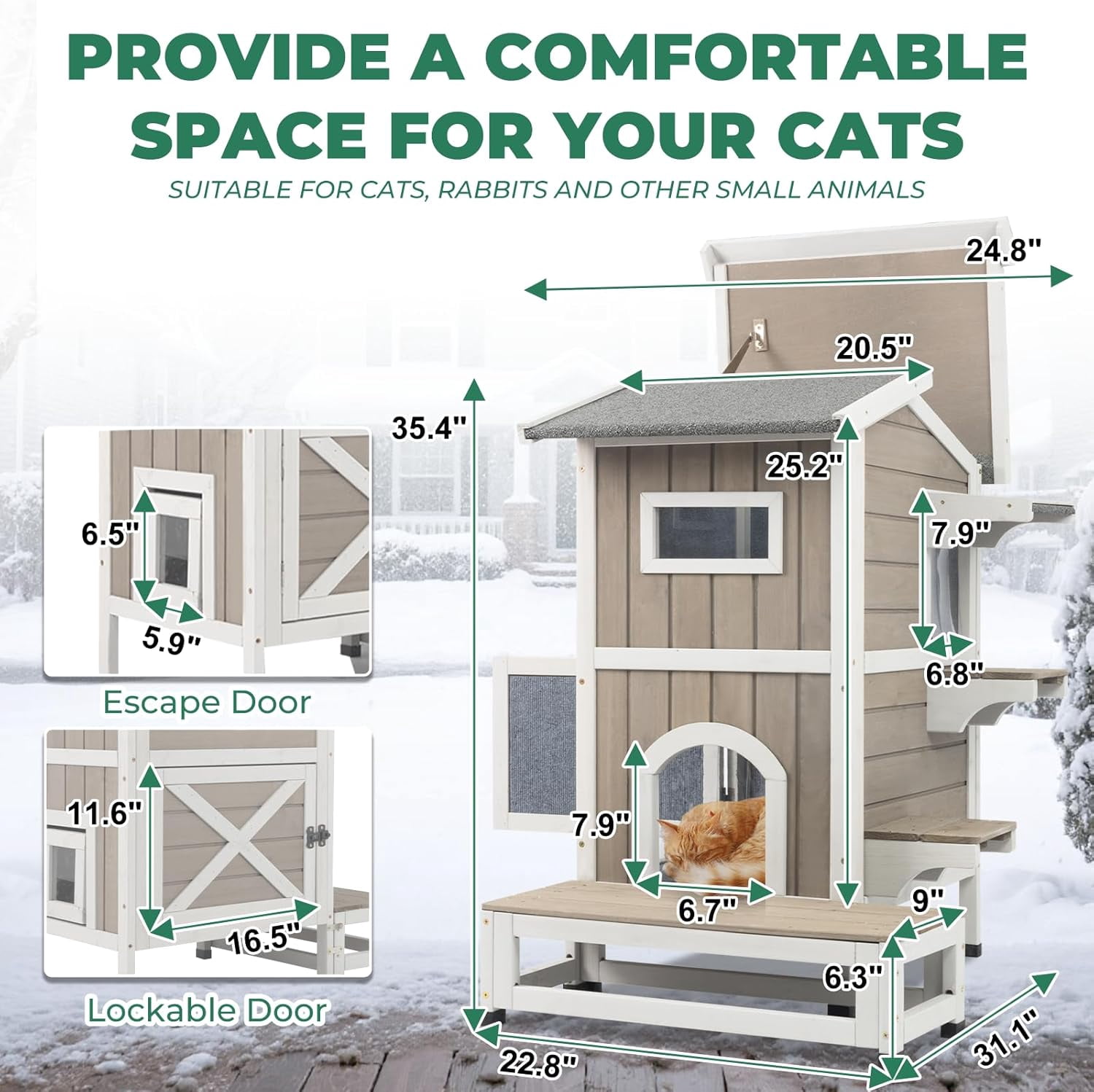 Gowoodhut Insulated Cat House, Outdoor Cat House Weatherproof with Jumping Platforms,Grey