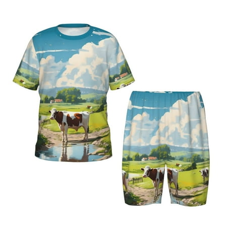 Luyuia Countryside Farm Cow Print Girls  2-Piece Tie-Dye Pajama Set  Cute Summer Loungewear with Shirt and Tank Shorts Nightwear-3X-Large