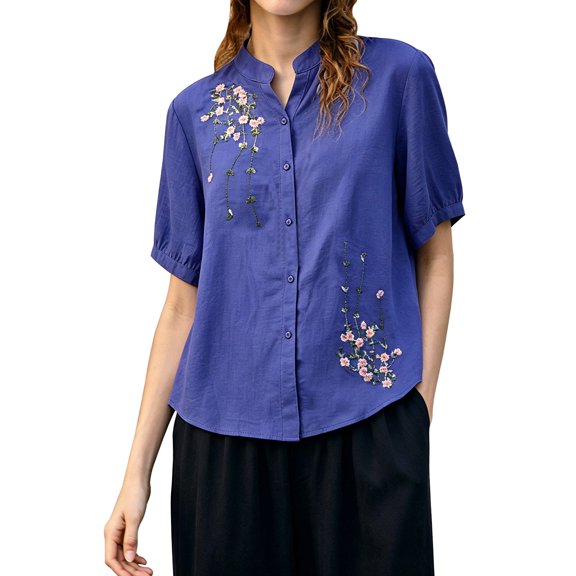 Casual Outfits for Women Solid Color V Neck Embroidered Casual Shirt Top Womens Fashion Clothing