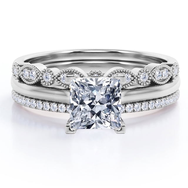 JeenMata Anillo de Compromiso Solitario de 2,5 Quilates con Corte Princesa, Engaste de 4 Puntas, Filigrana Art Déco Milgrain, Conjunto de Boda en Trío, Baño de Oro Blanco de 18 K sobre Plata