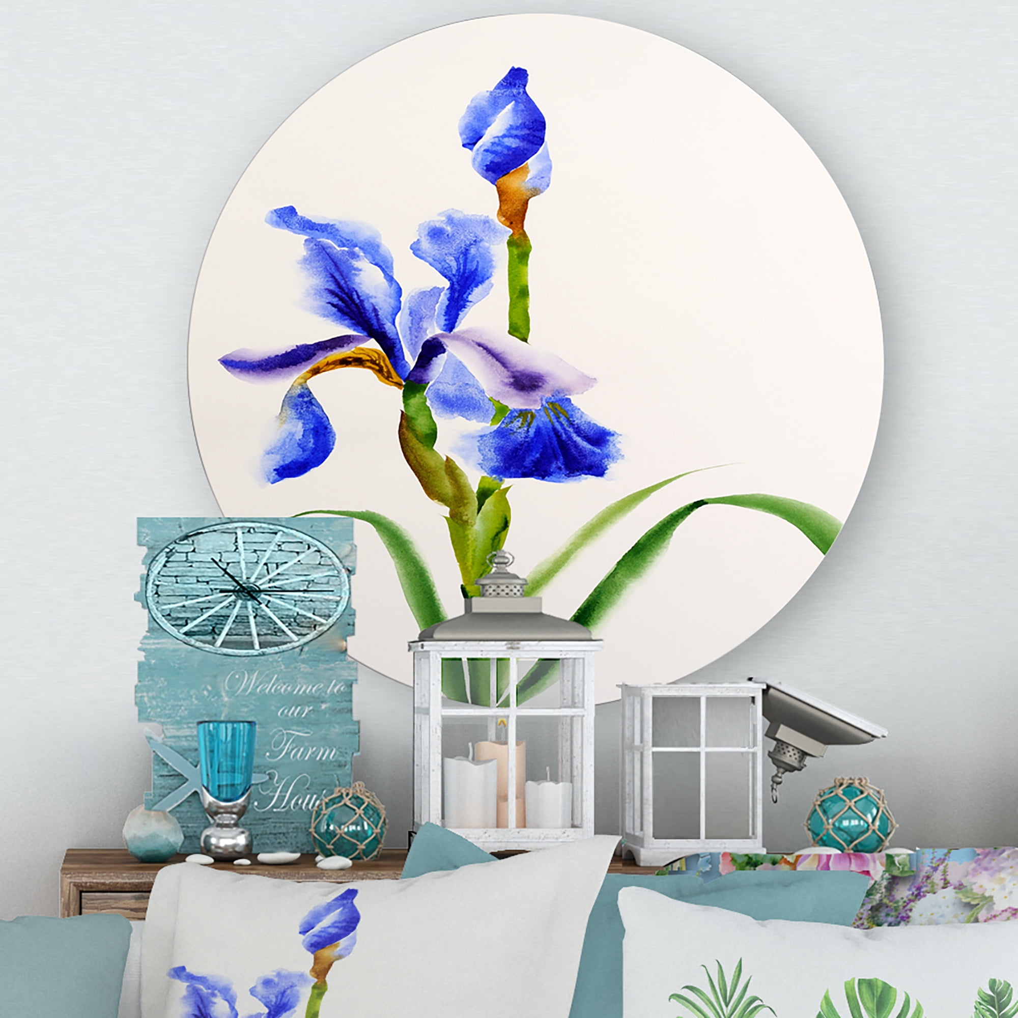 Designart 'Blue Iris Flower Retro Style' Traditional Circle Metal Wall Art 11x11 - Disc of 11