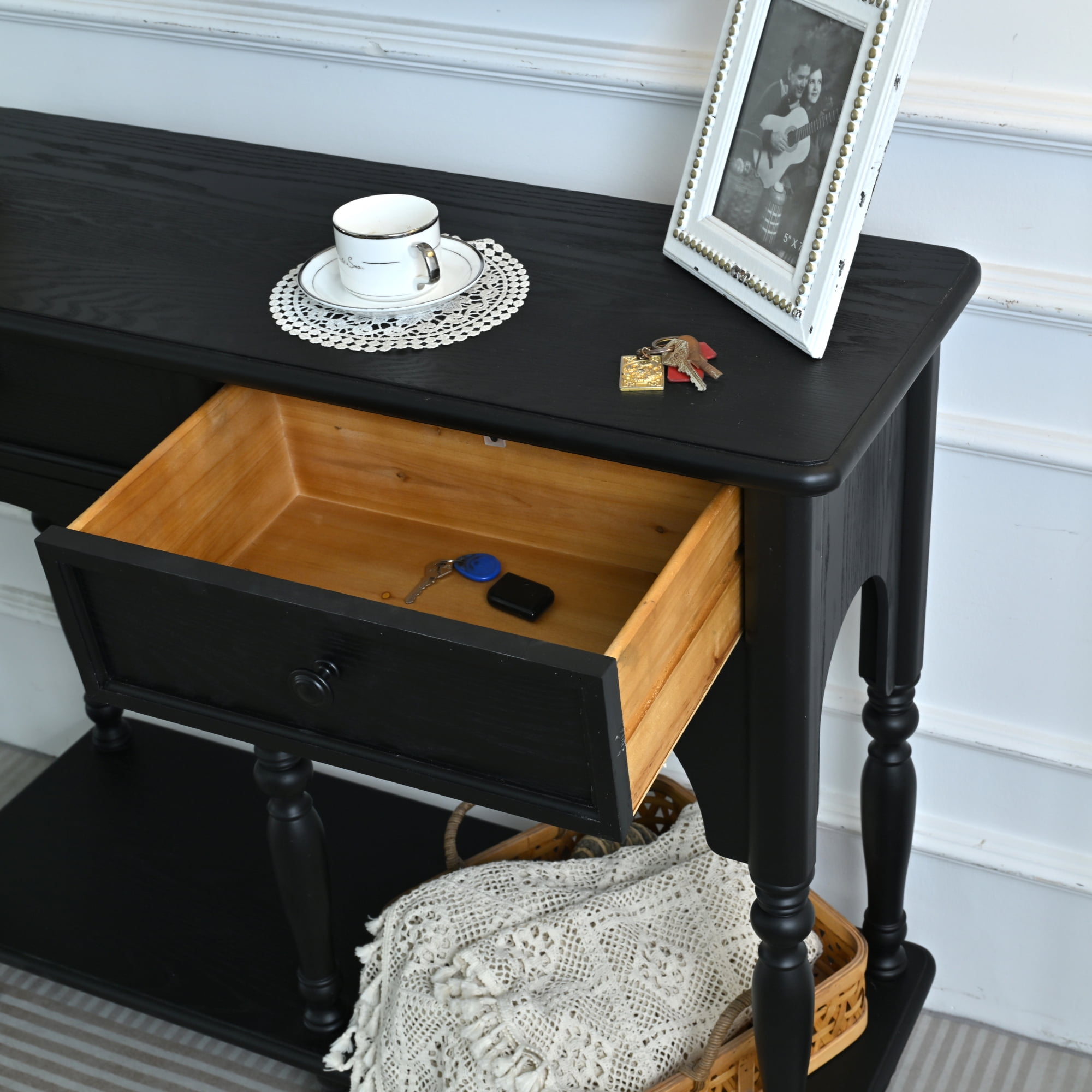 Leumius 39.37" Accent Distressed Black Solid Wooden Table, Classic Arched Design Turned Legs Storage Console Table with Open Shelf and 2 Drawers for Living Room