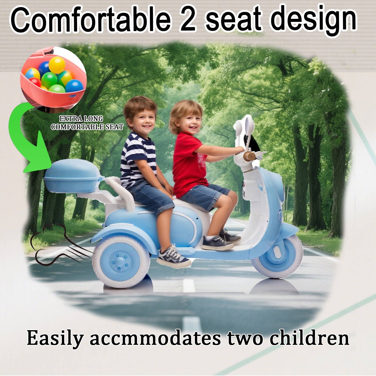 FINITO 12V 2 Seater Kids Electric Motorcycle, 3 Wheel 2WD Electric Bike with Storage Box, Bluetooth Music, LED Light Blue
