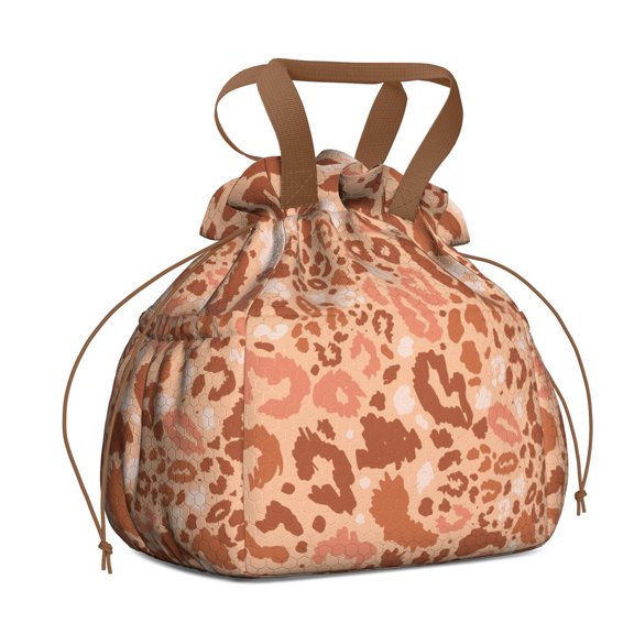 Brown and Pink Of Leopard Print Drawstring Lunch Bag Women - Drawstring Lunch Bag Insulated for Work Office - Stain-Resistant Large Lunchbags for Women with Multi-Pockets