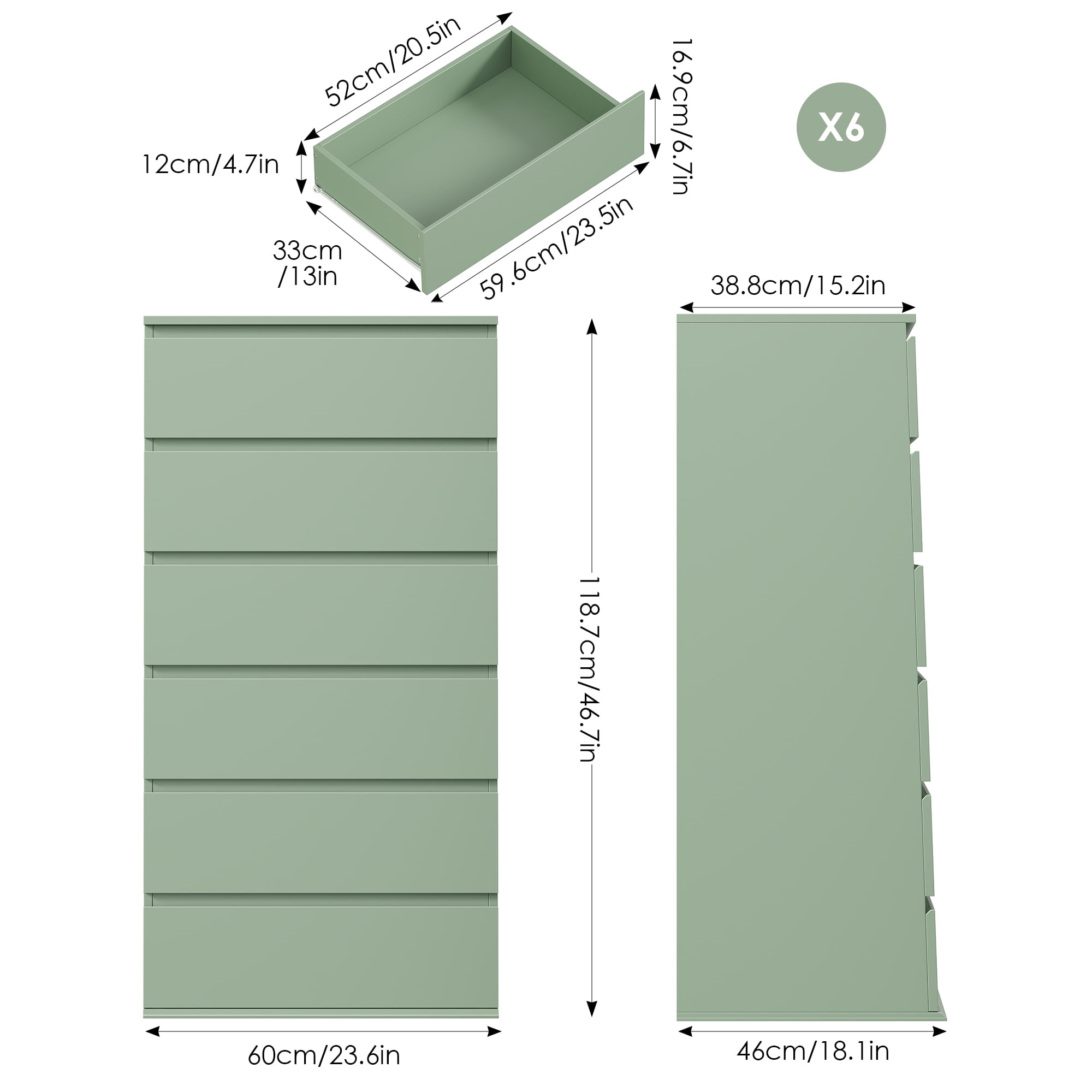 Homfa 6 Drawer Dresser, Modern Storage Cabinet for Bedroom,Tall Chest of Drawers for Living Room，Green