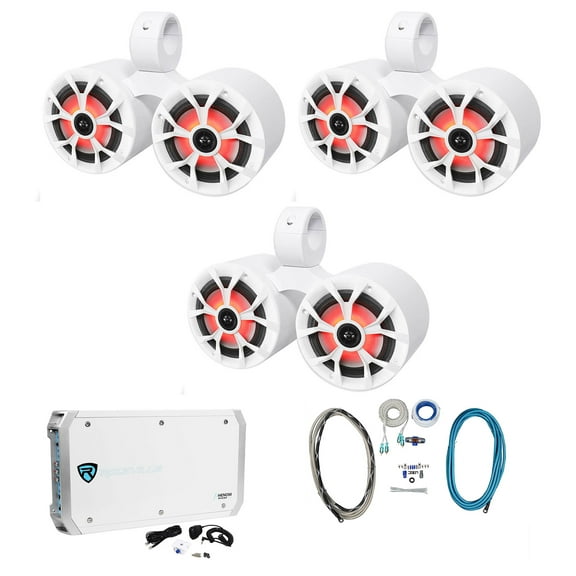 3) Rockville RKL65MBW Dual 6.5" Marine Wakeboard LED Speakers Amplifier Wires