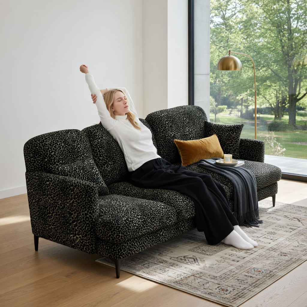 Hommoo 2-Seat Leopard Print Chenille Loveseat Sofa with Tassel Trim, Modern Modular Sectional Couch, Ergonomic Deep Seat Design, Easy Assembly, Living Room Sofa, Green Black