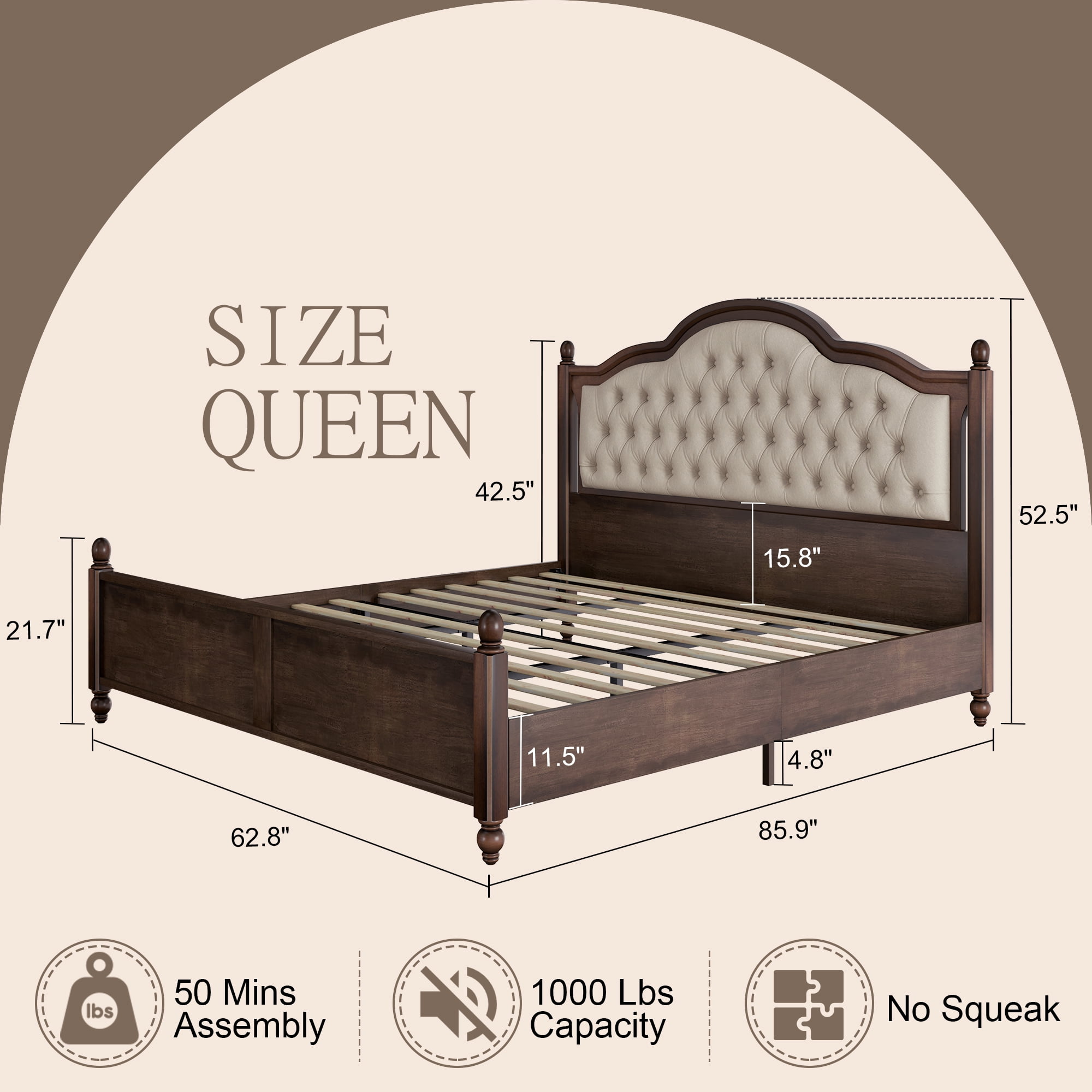 VANACC Queen Wood Bed Frame with 52.5" Upholstered Headboard, Wood Slat Support, No Box Spring