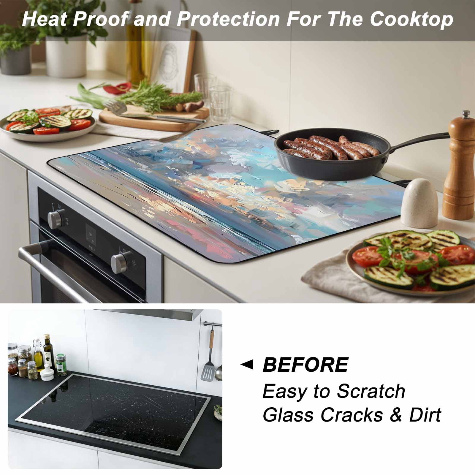 Blue Gray Coastal Stove Top Cover for Electric Stove, Heat-proof & Non Slip Glass Top Stove Cover Protector, Oil Painting Modern Abstract Art Kitchen Flat Cooktop Rubber Mat 24x21 Inches