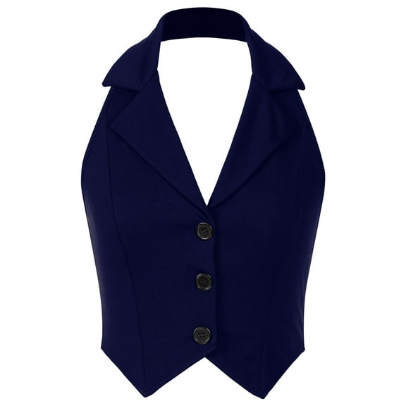iiniim Womens Halter Sleeveless Backless Suit Waistcoat Notch Lapel Single Breasted Crop Vest Top Navy Blue XL