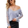 thumbnail image 1 of Suéter con cuello en V y hombros descubiertos para mujer, suéter de encaje de color puro de manga larga para invierno, gris M, 1 of 7
