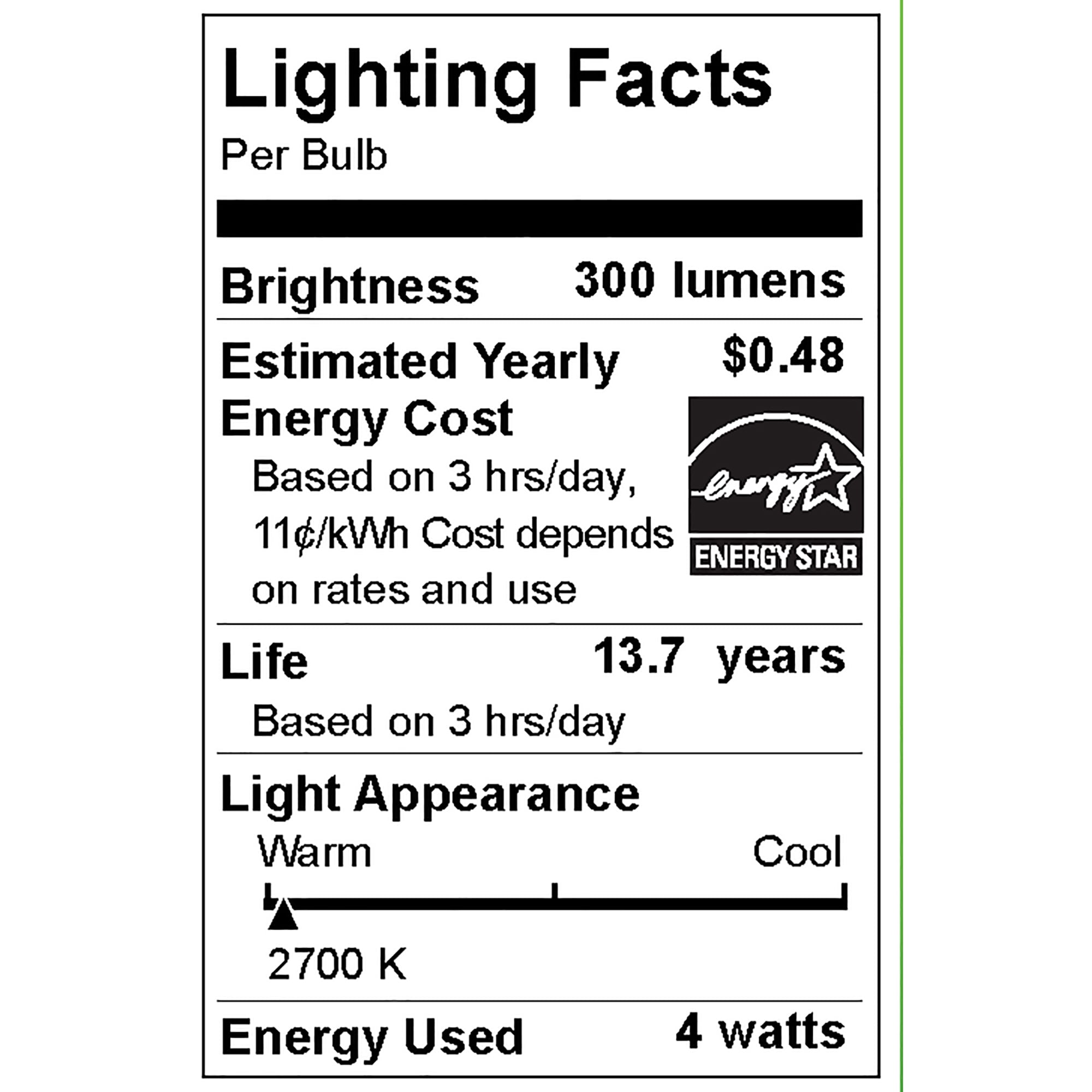 Great Value LED Light Bulb, 4 Watts (40W Equivalent) B10 Deco Lamp E26 Medium Base, Dimmable, Soft White, 4-Pack