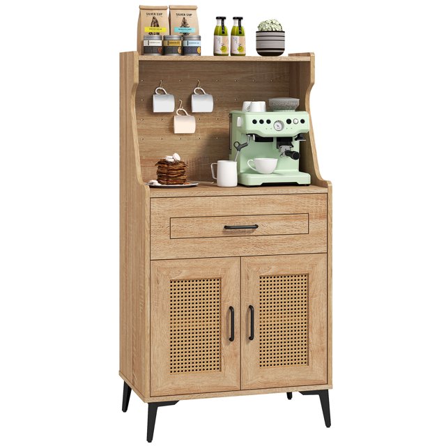 Gymax Armoire de Bar à Café avec Panneau Perforé, Tiroir de Rangement et Tablette Réglable, Buffet Bahut