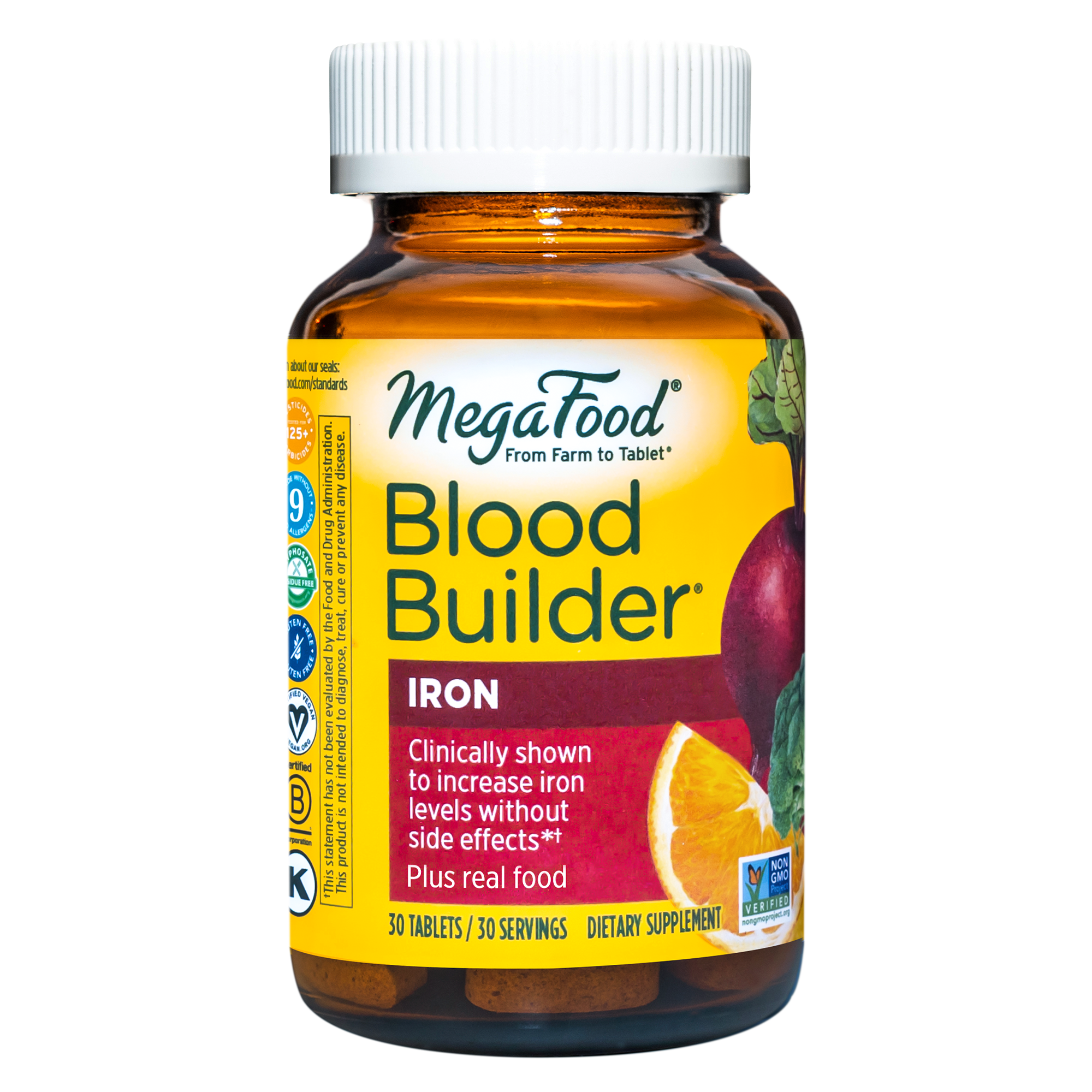 MegaFood Blood Builder - Iron Supplement Shown to Increase Iron Levels without Nausea or Constipation - Energy Support with Iron, Vitamin B12, and Folic Acid - 30 Tabs