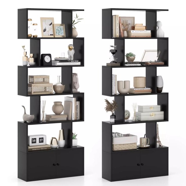 Gymax 2PCS 6-Tier Shaped Bookshelf w/ Cabinet 6-Tier Tall Bookcase w/ Doors
