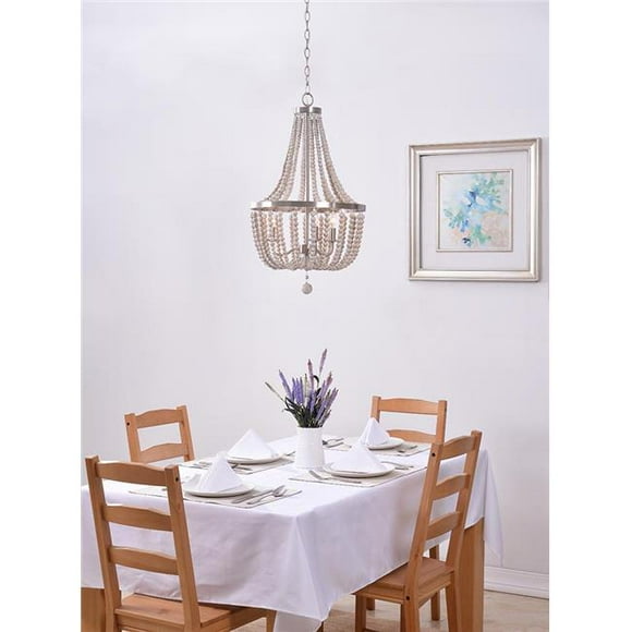 Kenroy Home 93131BS 16 x 28 in. Dumas 3 Light Wood Bead Chandelier - Brushed Steel Finish with White Beads