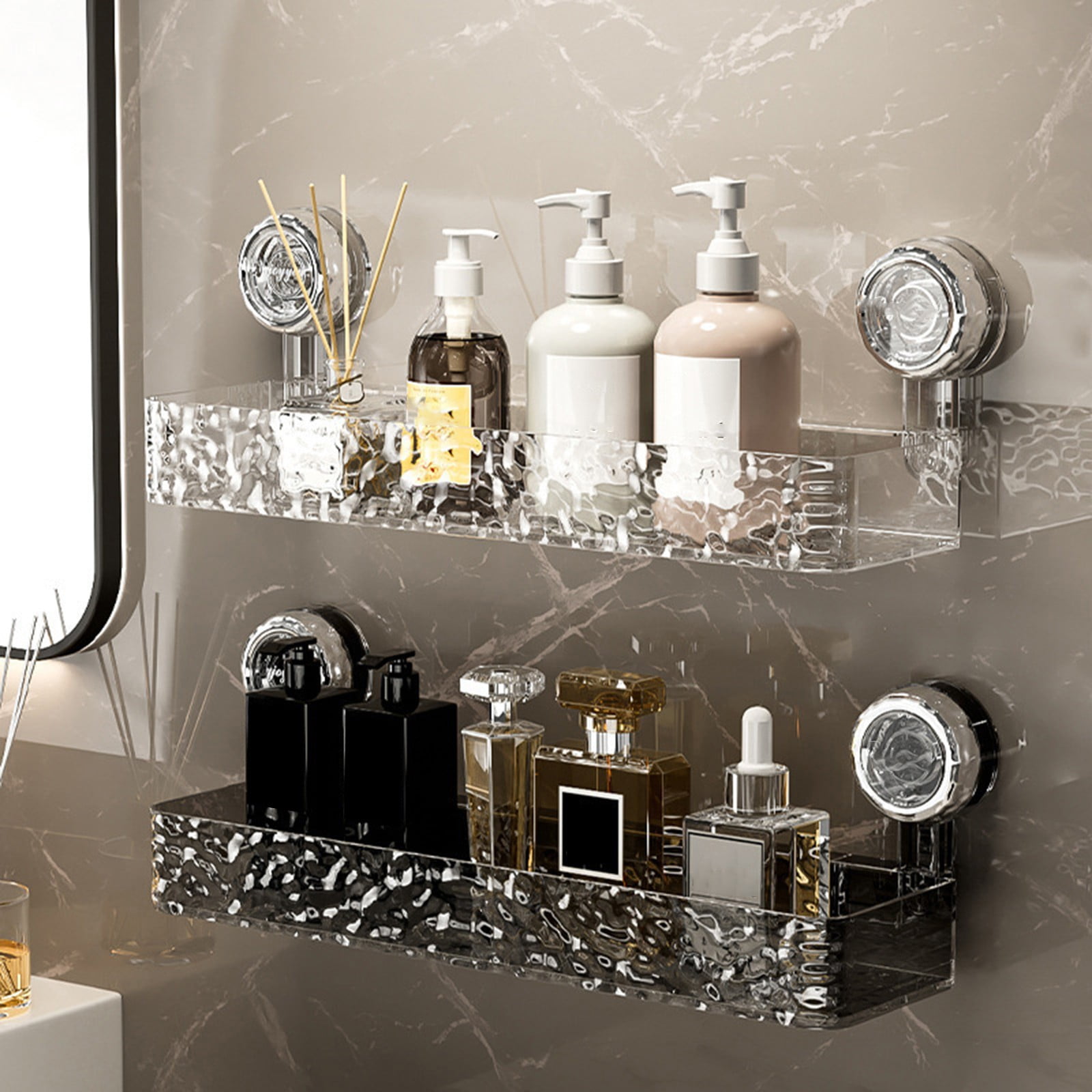 FXMLRLK Corrugated Suction Cup Storage Holder, Heavy Duty Corner Shower Caddy Large Organizer Bathroom Shelf Acrylic Shower Tray Shelves Shower Wall Shelf Bath Basket Rack, Gray