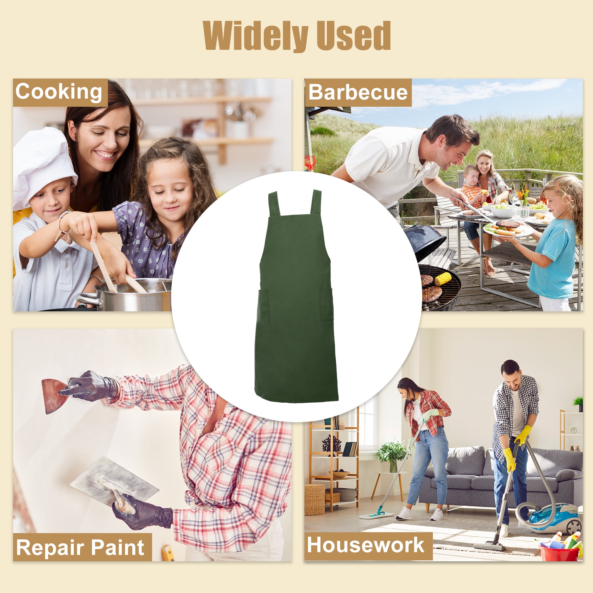 Unique Bargains Cotton Linen Apron Cross Back Apron with Pockets Dark Green