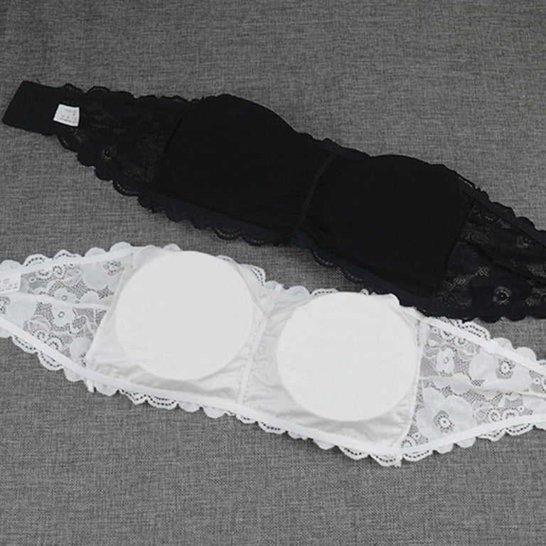 HEMOTON 2pcs Women's One Size Strapless Lace Bandeau Bra Padded Removable  Seamless Stretch Bandeau Tube Bra Top (White & Black)