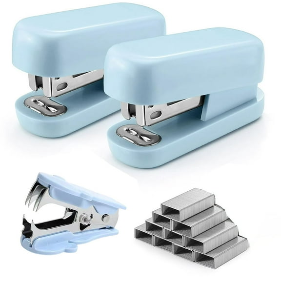 Mini Stapler with Staples, Blue Stapler Set Includes Two Small Staplers, One Staple Remover, 2000 Standard Staples, Lock Design, Non-Slip Base - Staplers for Desk, Classroom, Office