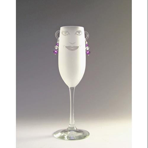 Set of 4 Lola Etched Champagne Flute Glasses with Amethyst Earrings 8 ounces by Diva At Home