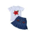 thumbnail image 3 of Douhoow Kid Girl 2 Piece Set Rose Embroidery Short Sleeve T-Shirts+Denim Short Skirts, 3 of 9