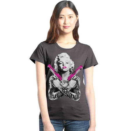 Shop4Ever Women's Tattooed Marilyn Pink Guns Gangster Graphic T-Shirt