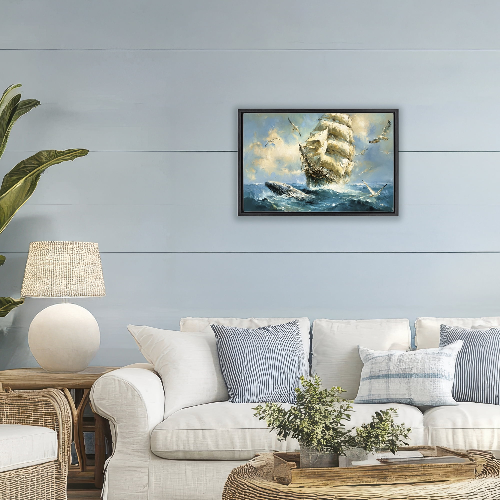 Stupell Industries Clipper Ship & The Whale Black Framed Floater Canvas Wall Art, design by Tina LeCour