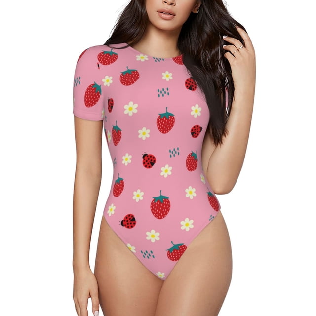 Balery Strawberry and Ladybugs Body de cuello redondo de manga corta para mujer Tops de manga corta Tops básicos-Large