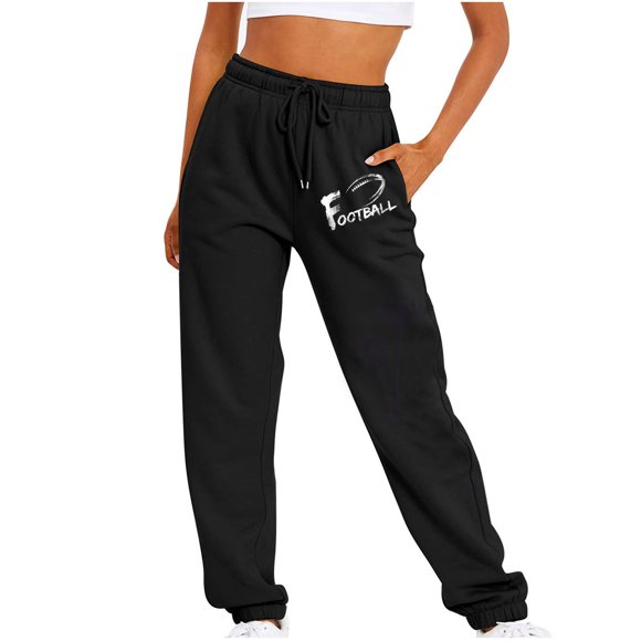 Virmaxy Womens Jogger Pants Super Bowl Yoga Sweatpants Loose Fitting Casual Sports Pants Solid Color Rugby Printed Long Pants Comfy High Waisted Lounge Pajama Flowy Pants with Pockets Black-A L