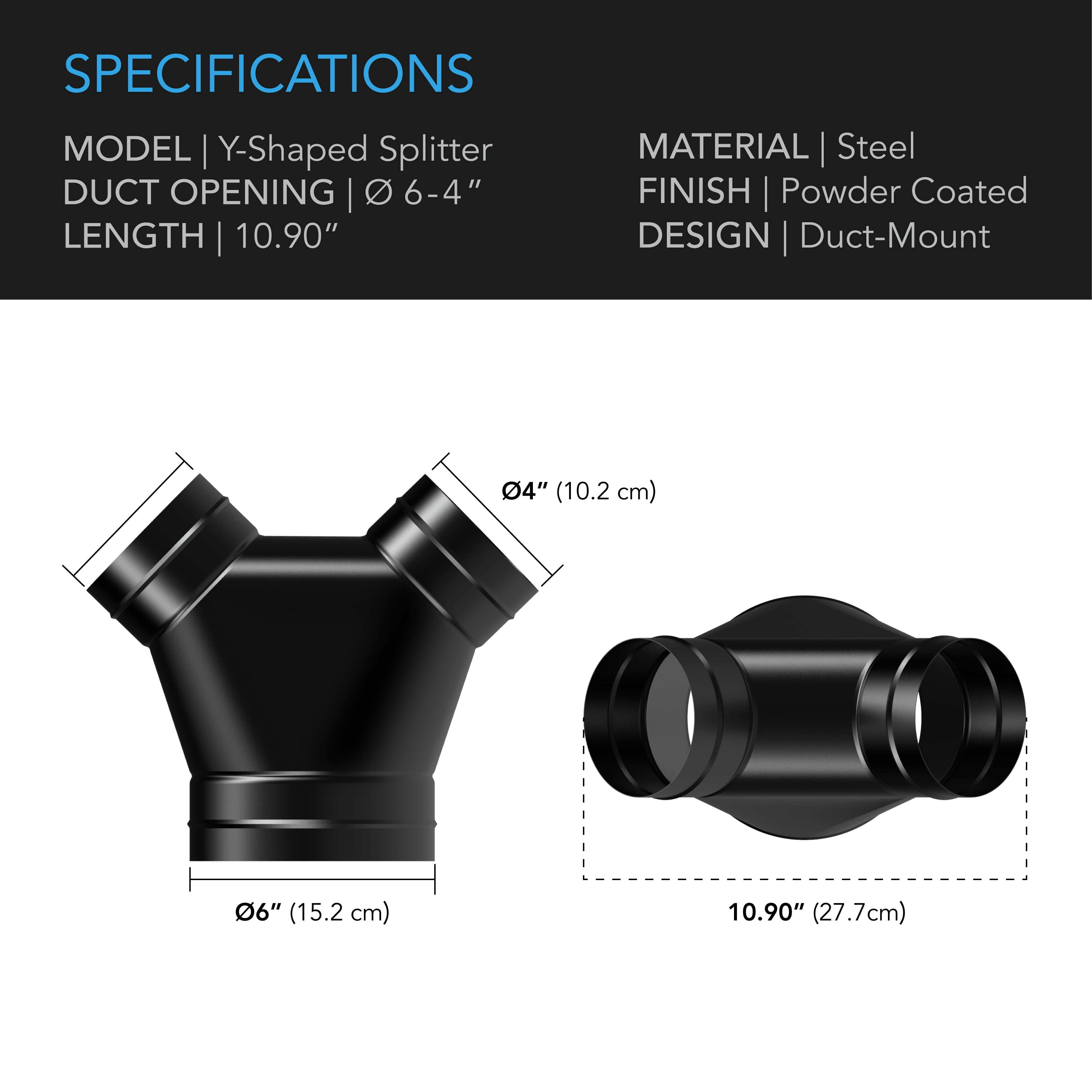 AC Infinity 3-Way Duct Splitter, 6" x 4" x 4" Exhaust Pipe Splitter Y Connector, Dryer Vent Hoses