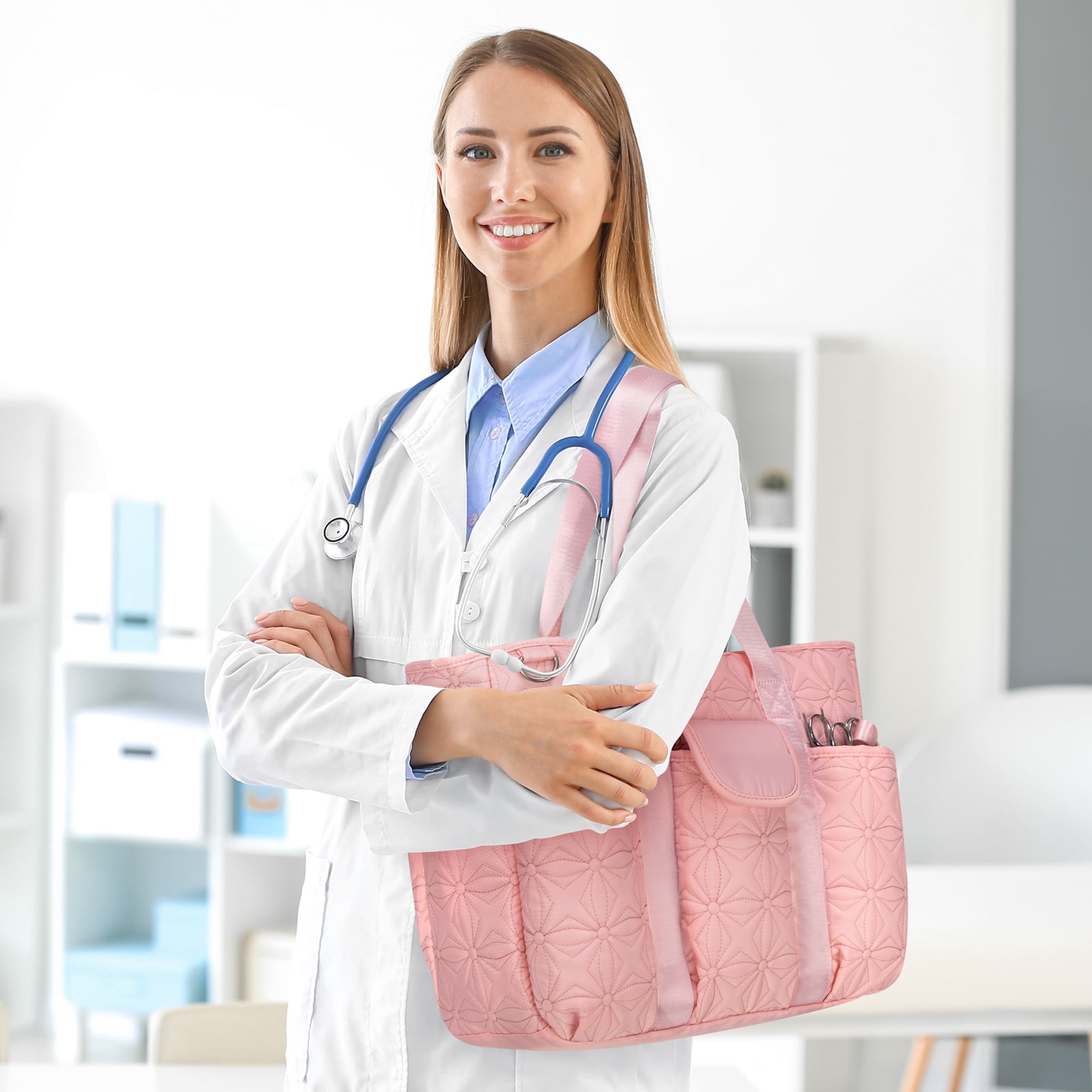 Canvas Tote Bag with Multi Pockets, Kabaqoo Crossbody Tote Bag for Women, Large Shoulder Handbag with Compartments, Pink