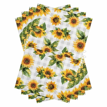 Sunflower Gray Check Kitchen Towels Set of 4, Water Absorbent Dish Towel, Spring Summer Flowers Botanical Decorative Hand Towels - Quick Drying Cloth for Cooking Baking, 18x28 Inch