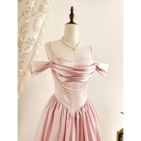 Elegant Satin Off Shoulder Dress With Pearl Trim In Pink