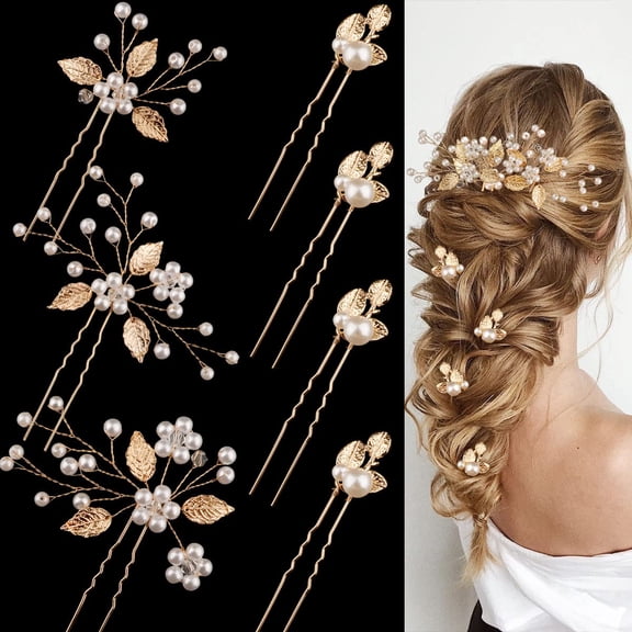 7PCS Gold Wedding Bridal Hair Pins Leaf Pearl Hair Pins Clips Vintage Hair Headpiece Jewelry for Bridesmaids Brides