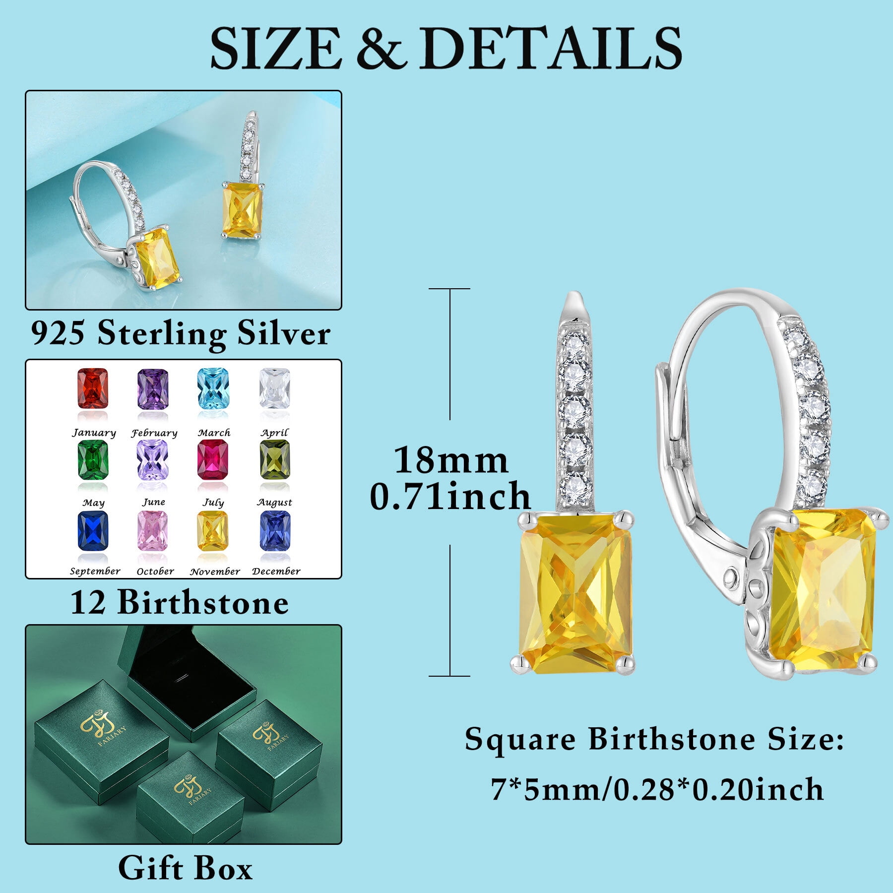FJ Princess Cut Dangle Drop Earrings 925 Sterling Silver Square Leverback Earrings November Birthstone Citrine Jewelry Gifts for Women