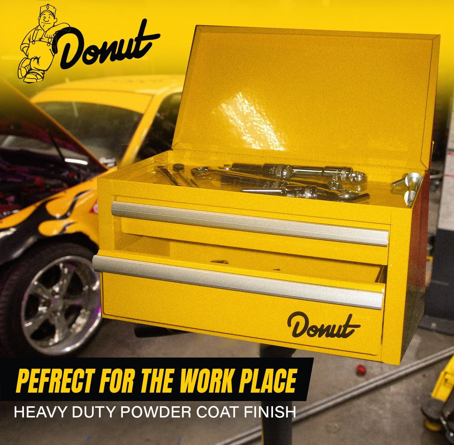 Donut Media Mini Portable Tool Box, 2 Sliding Magnetic Catch Drawers, Top Storage Area, 11" x 6" x 6"