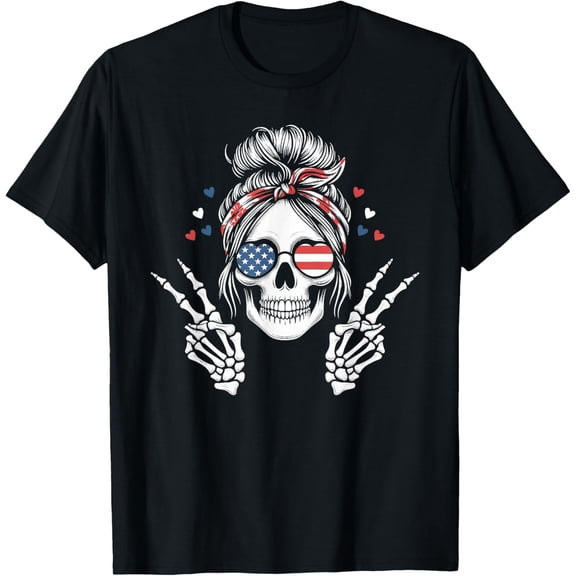 Skull Messy Bun Peace USA 4th July Gifts Patriotic American Flag T-shirt