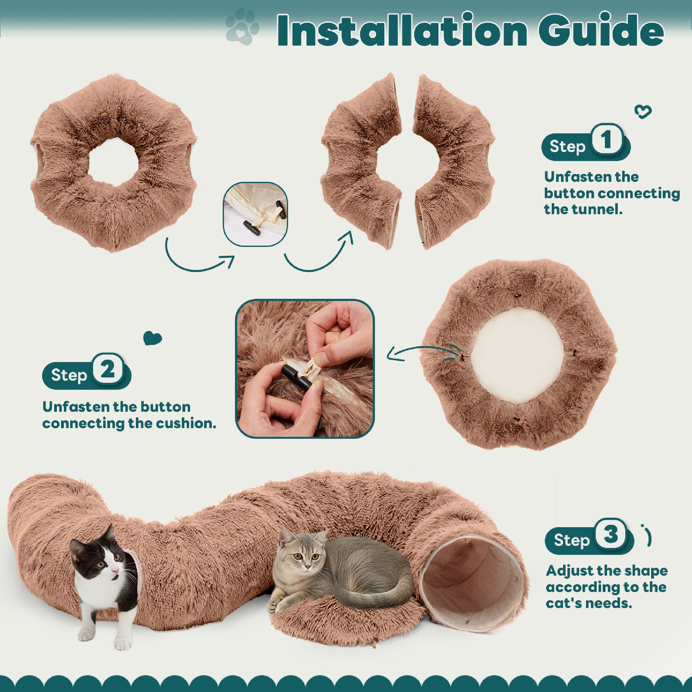 edx Cat Tunnel Bed for Indoor Cats, Soft Plush Peekaboo Hideaway Cave with Circle Cushion, Washable Multifunctional Playground Cat Donut Tunnel for Kittens, Rabbit, Ferret, Brown