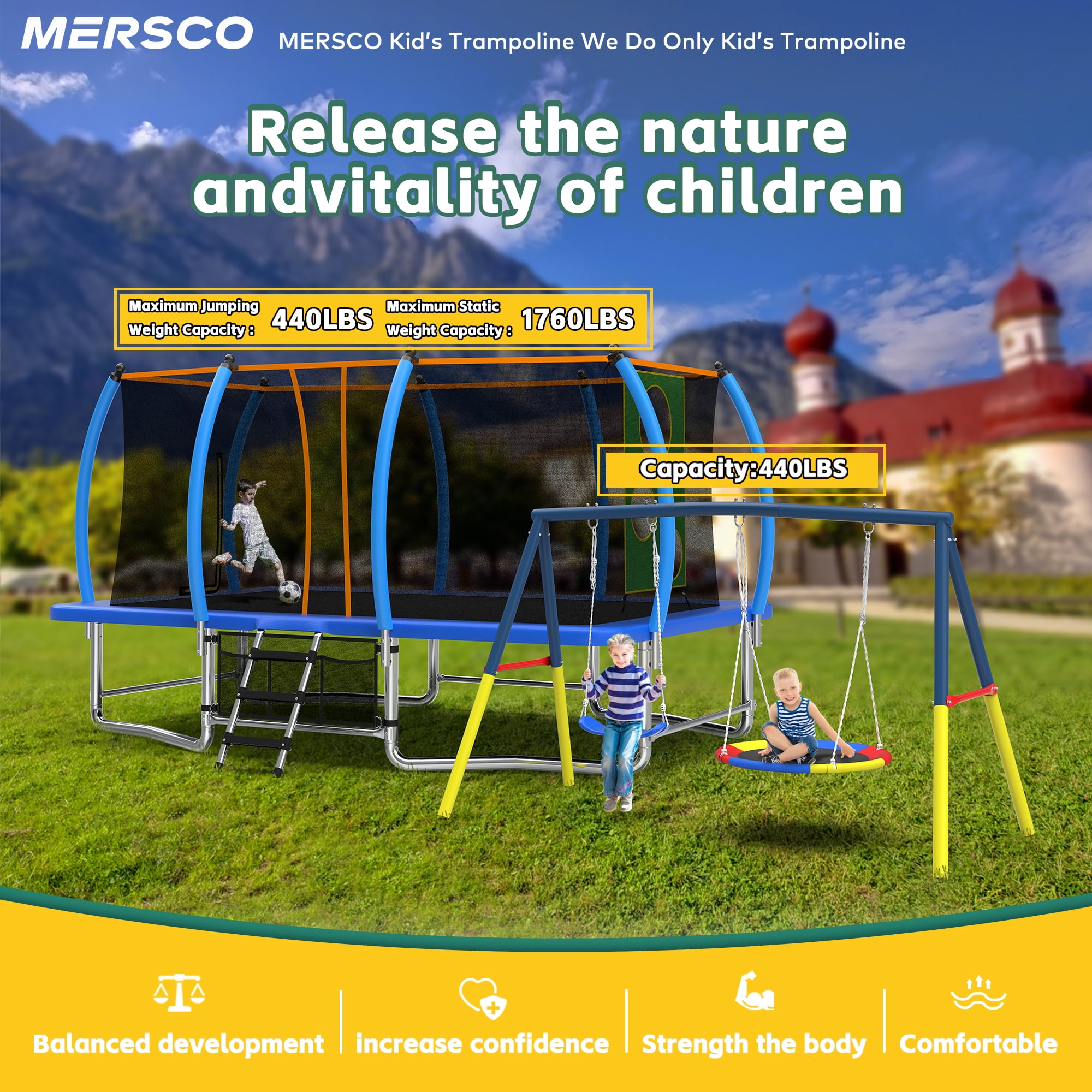Mersco 10x16FT 4-in-1 Trampoline with Swing Set , Enclosure Net, Recreational Trampoline, Outdoor Kids and Adults Trampoline for Backyard, Beach, Birthday Gifts ,Blue