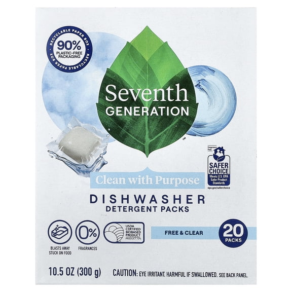 Seventh Generation Dishwasher Detergent Packs for sparkling dishes Free & Clear Dishwasher tabs 20 count