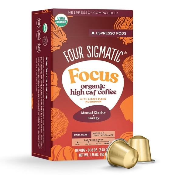 Four Sigmatic Focus High Caffeine Coffee Pods Compatible with Nespresso Original | Organic Dark Roast Espresso with Added Focus | Mushroom Coffee Enhanced with Lion's Mane | High Caffeine 10ct