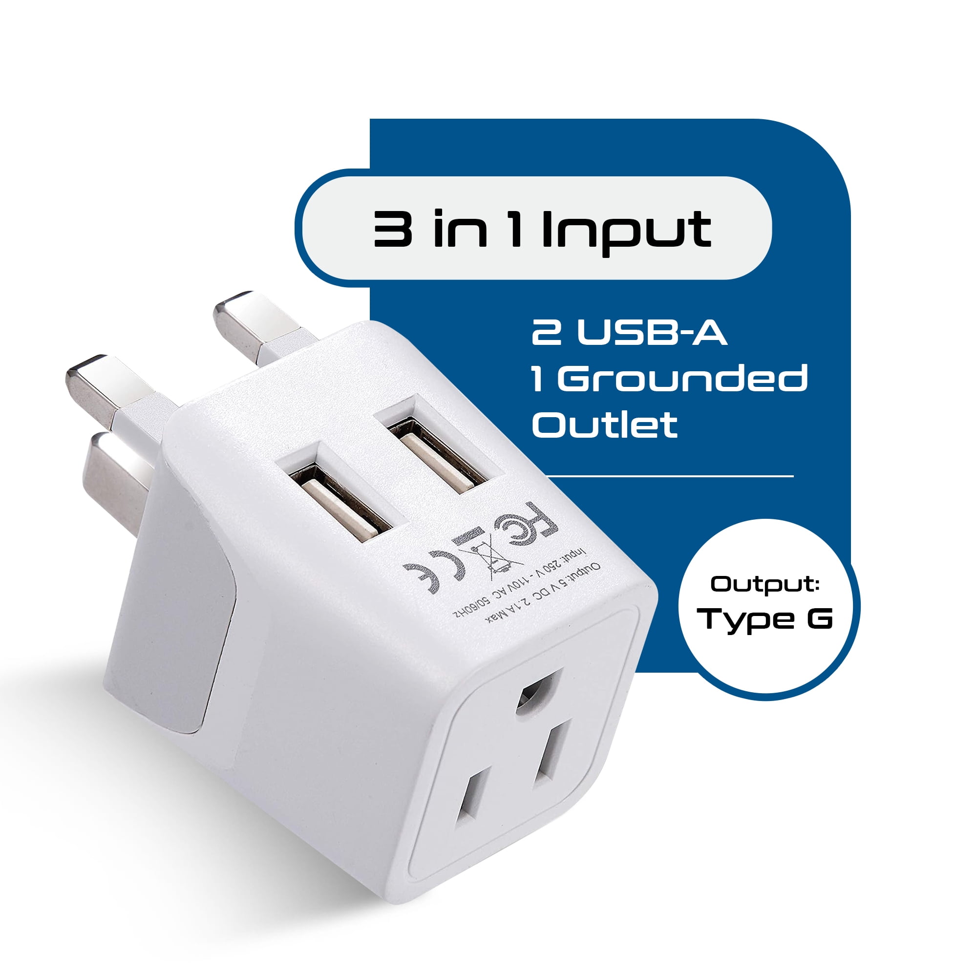 Ceptics CTU-7 UK, Dubai, Ireland Travel Adapter Plug - Type G - Dual USB Devices