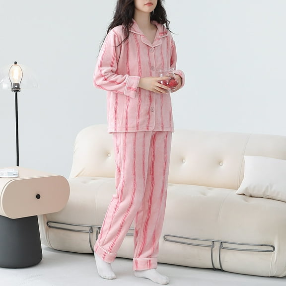 Fnooota Pajama Sets for Women, 2-Piece Thermal Long Sleeve Warm Sleepwear Sets Pink Size M