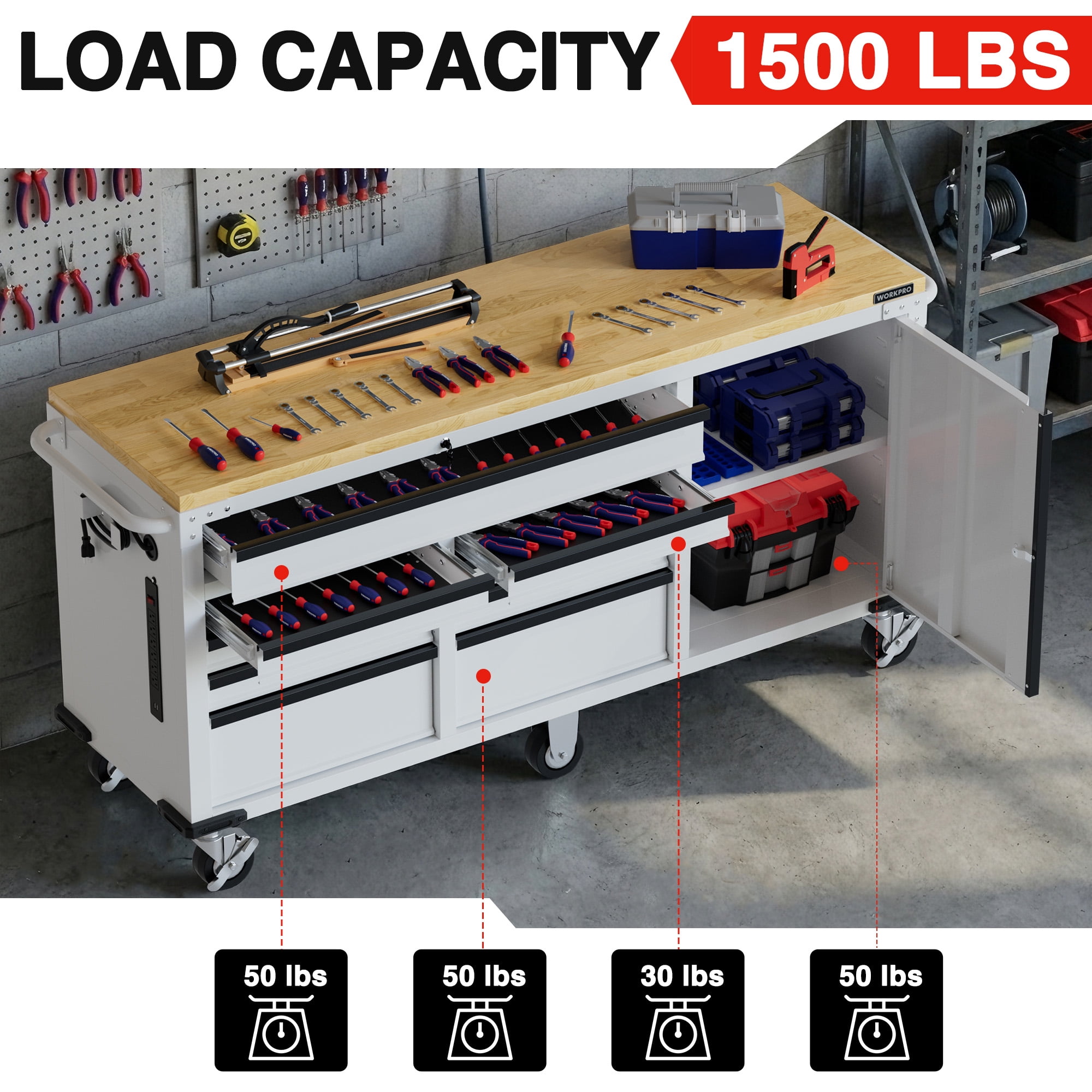 WORKPRO 72" x 22" Rolling Tool Cabinet, 9-Drawer & 1-Door, 1500 LBS Capacity Tool Chest with Wooden Workbench, Adjustable Shelves, Locking System and 6 Swivel Casters