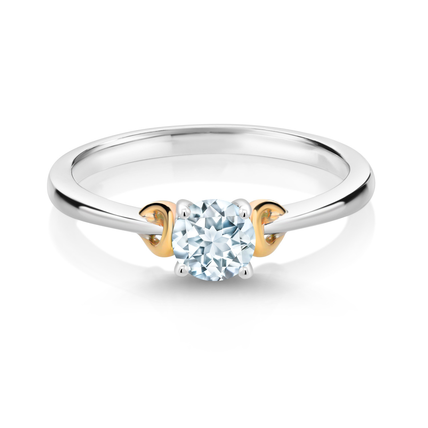 Gem Stone King 925 Sterling Silver and 10K Yellow Gold Sky Blue Aquamarine Solitaire Engagement Ring for Women (0.50 Cttw, Round 5MM, Gemstone March Birthstone, Size 5)